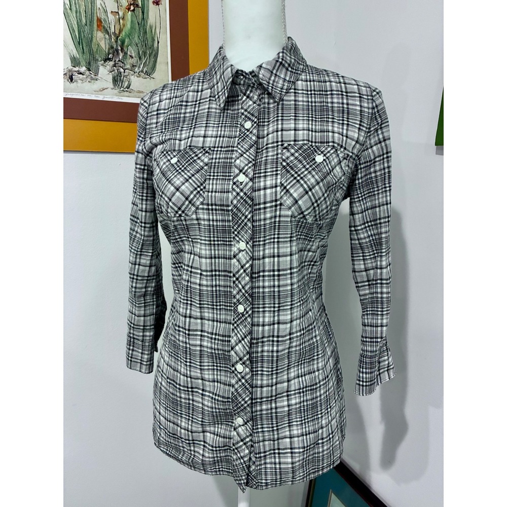 St. John's Bay Women Black White Plaid Button Down Shirt 3/4 Sleeve Small